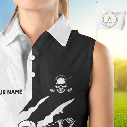 Funny Skull Golf Sleeveless Polo Shirt Custom Black And White Camo Pattern Golf Attire For Women NHN0047