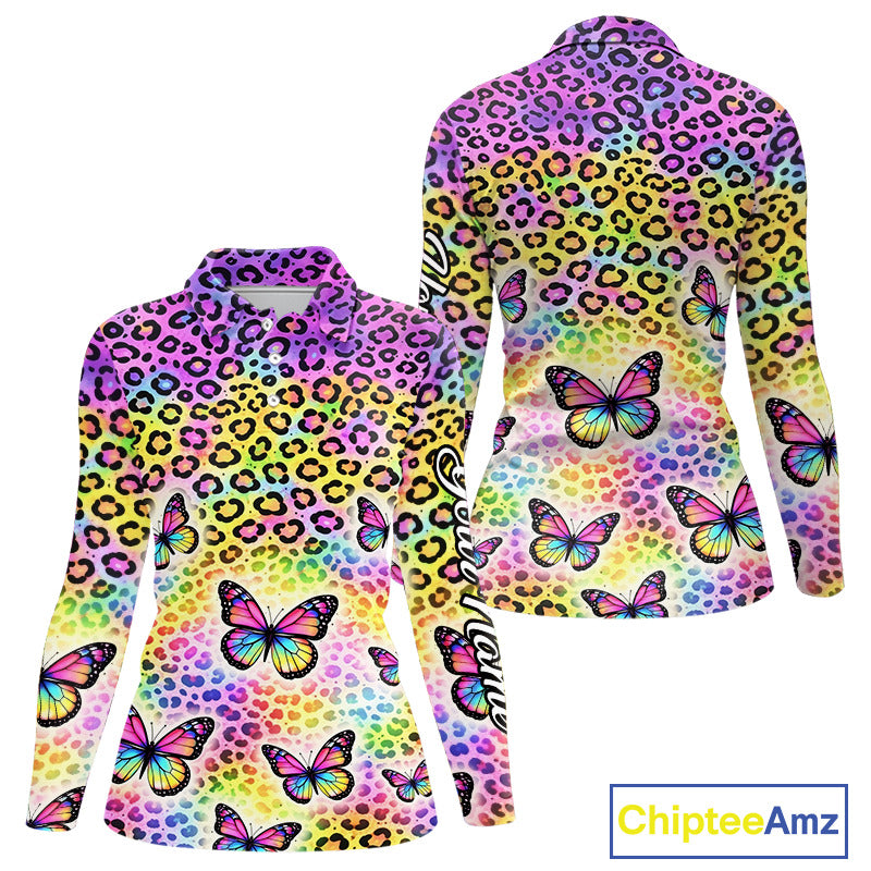 Womens Long Sleeve Golf Polo Shirt Colorful Rainbow Leopard Print Custom Butterfly Team Golf Tops NHN0180