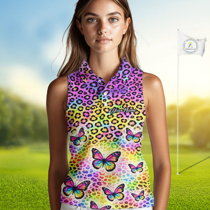 Womens Sleeveless Golf Polo Shirt Colorful Rainbow Leopard Print Custom Butterfly Team Golf Tops NHN0180