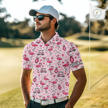 Load image into Gallery viewer, Funny Pink Flamingo Pattern Mens Golf Polo Shirt Custom Name Hawaiian Flamingo Golf Shirts NHN0191