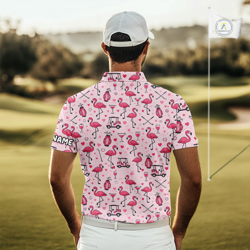 Funny Pink Flamingo Pattern Mens Golf Polo Shirt Custom Name Hawaiian Flamingo Golf Shirts NHN0191