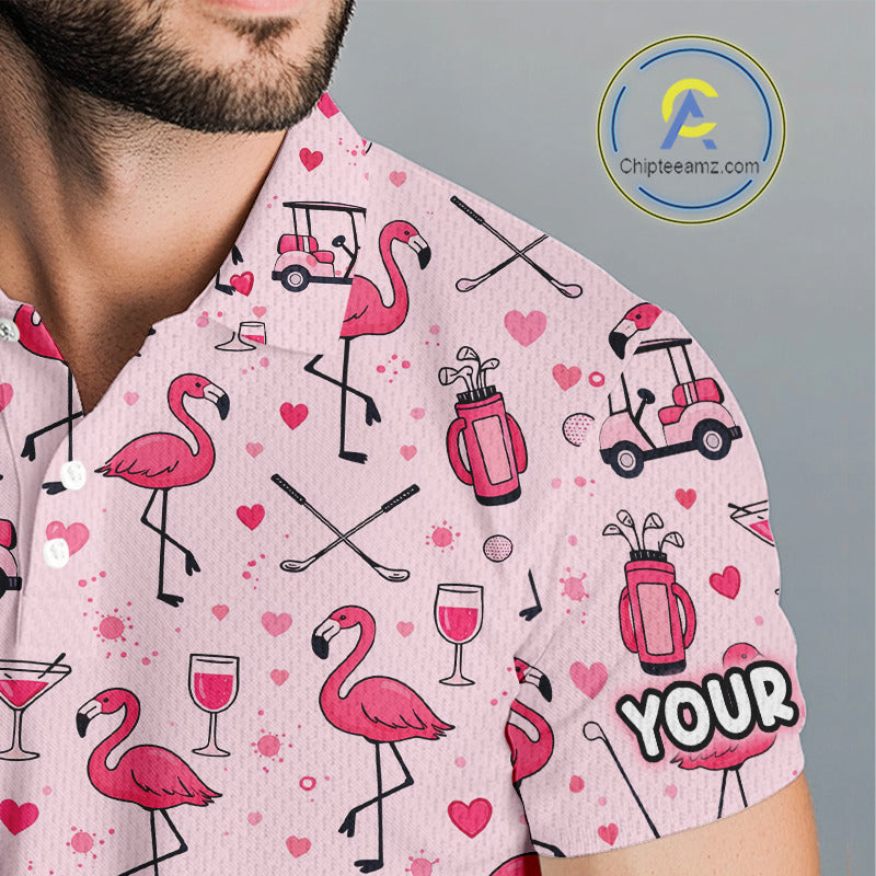 Funny Pink Flamingo Pattern Mens Golf Polo Shirt Custom Name Hawaiian Flamingo Golf Shirts NHN0191