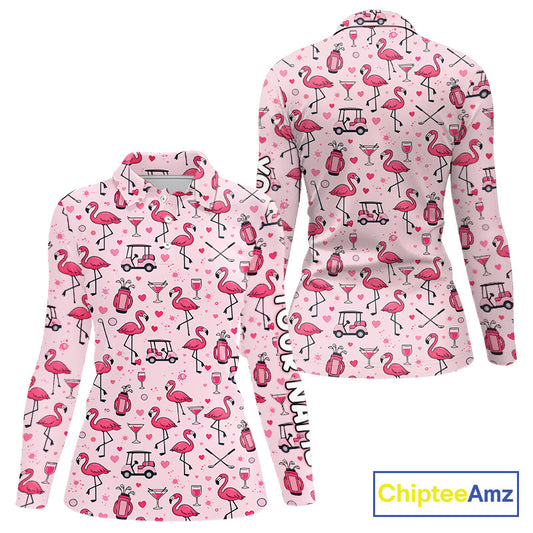 Funny Pink Flamingo Pattern Womens Long Sleeve Golf Polo Shirt Custom Hawaiian Flamingo Golf Shirts NHN0191