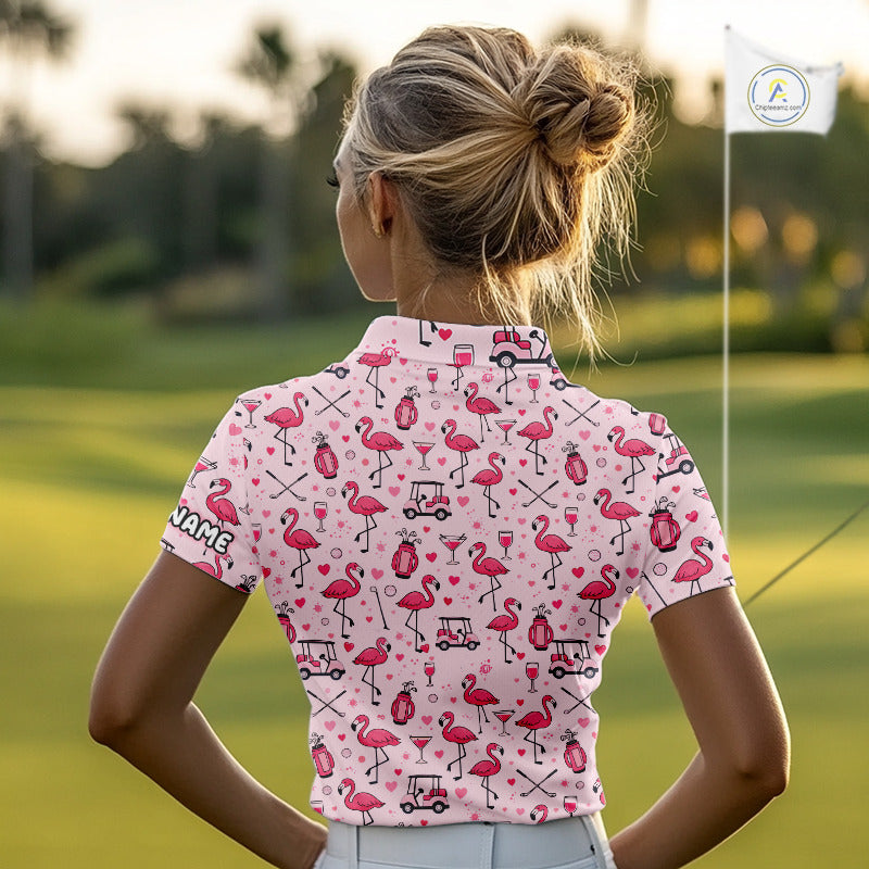 Funny Pink Flamingo Pattern Womens Golf Polo Shirt Custom Name Hawaiian Flamingo Golf Shirts NHN0191
