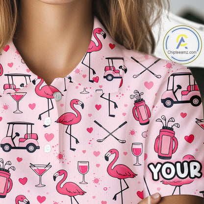 Funny Pink Flamingo Pattern Womens Golf Polo Shirt Custom Name Hawaiian Flamingo Golf Shirts NHN0191