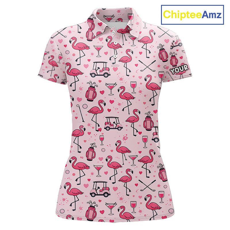 Funny Pink Flamingo Pattern Womens Golf Polo Shirt Custom Name Hawaiian Flamingo Golf Shirts NHN0191