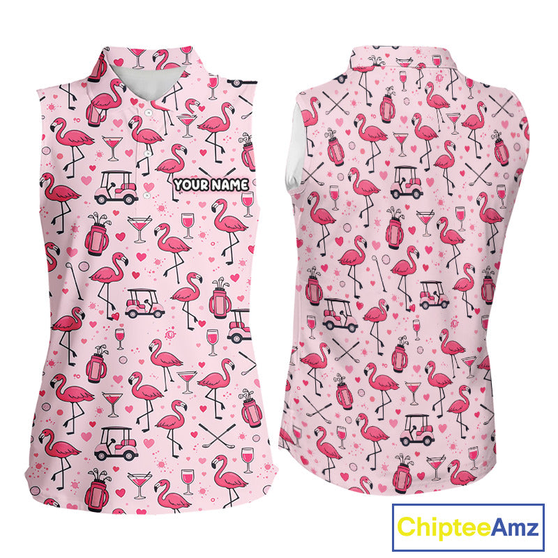 Funny Pink Flamingo Pattern Womens Sleeveless Golf Polo Shirt Custom Hawaiian Flamingo Golf Shirts NHN0191