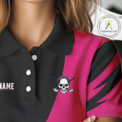 Funny Skull Golf Polo Shirt For Women Custom Black & Pink Golf Ball Pattern Skull Playing Golf Apparel NHN0060