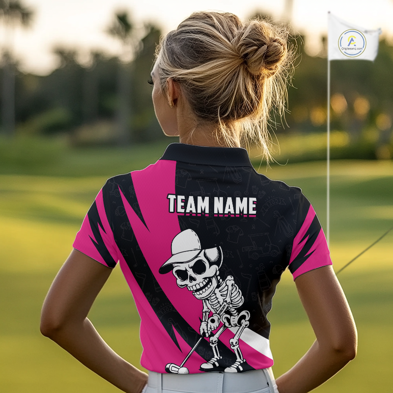 Funny Skull Golf Polo Shirt For Women Custom Black & Pink Golf Ball Pattern Skull Playing Golf Apparel NHN0060