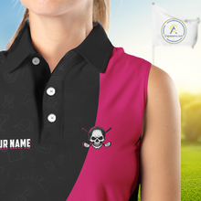 Load image into Gallery viewer, Funny Golf Sleeveless Polo Shirt Custom Pink &amp; Black Golf Ball Skull Golf Attire For Women NHN0060