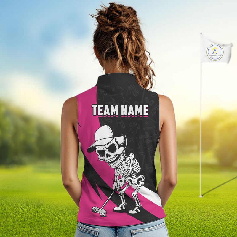Funny Golf Sleeveless Polo Shirt Custom Pink & Black Golf Ball Skull Golf Attire For Women NHN0060