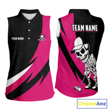 Load image into Gallery viewer, Funny Golf Sleeveless Polo Shirt Custom Pink &amp; Black Golf Ball Skull Golf Attire For Women NHN0060