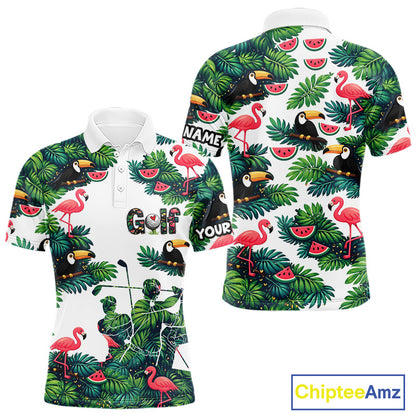 Funny Mens Golf Polo Shirt Custom Floral Tropical Leaf Pattern Flamingo Golf Shirt For Men NHN0193