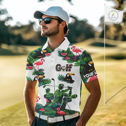 Funny Mens Golf Polo Shirt Custom Floral Tropical Leaf Pattern Flamingo Golf Shirt For Men NHN0193