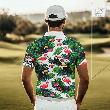 Funny Mens Golf Polo Shirt Custom Floral Tropical Leaf Pattern Flamingo Golf Shirt For Men NHN0193