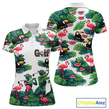 Funny Womens Golf Polo Shirt Custom Floral Tropical Pattern Flamingo Golf Shirts For Ladies NHN0193