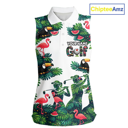 Funny Womens Sleeveless Golf Polo Shirt Custom Tropical Pattern, Flamingo Golf Shirt For Ladies NHN0193