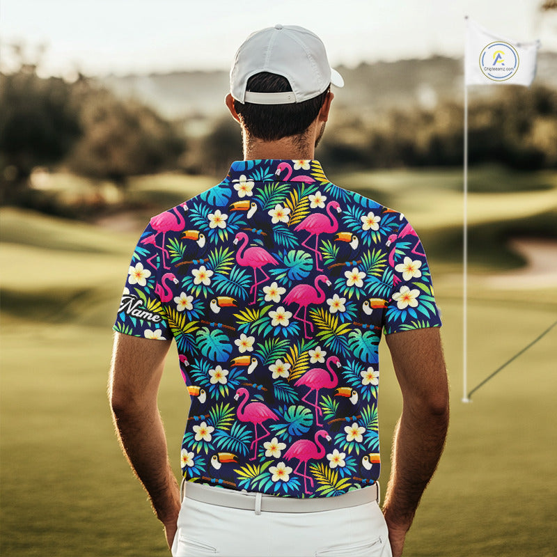 Mens Golf Polo Shirt Flamingo Floral Pattern, Colorful Tropical Leaves Custom Team Golf Shirt NHN0194
