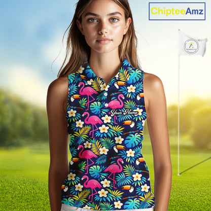 Womens Sleeveless Golf Polo Shirt Flamingo Floral Pattern, Custom Colorful Tropical Team Golf Shirt NHN0194
