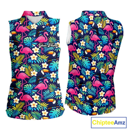 Womens Sleeveless Golf Polo Shirt Flamingo Floral Pattern, Custom Colorful Tropical Team Golf Shirt NHN0194