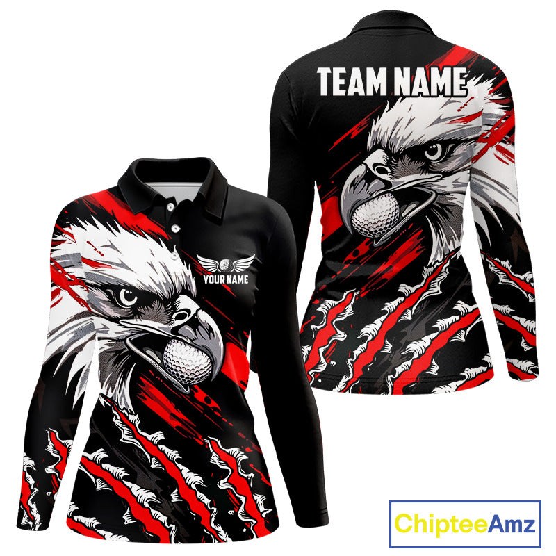 Womens Long Sleeve Golf Polo Shirt Custom Red and Black Grunge Pattern Eagle Golf Shirts For Women NHN0062