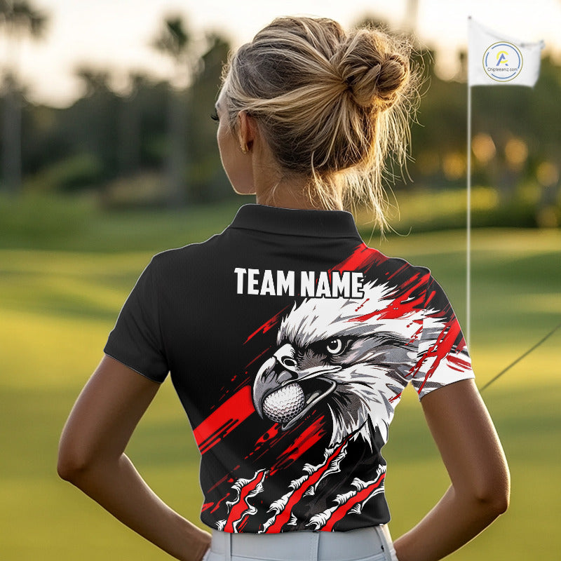 Womens Golf Polo Shirts Custom Red & Black Grunge Pattern Eagle Golf Shirts For Men, Golf Apparel NHN0062
