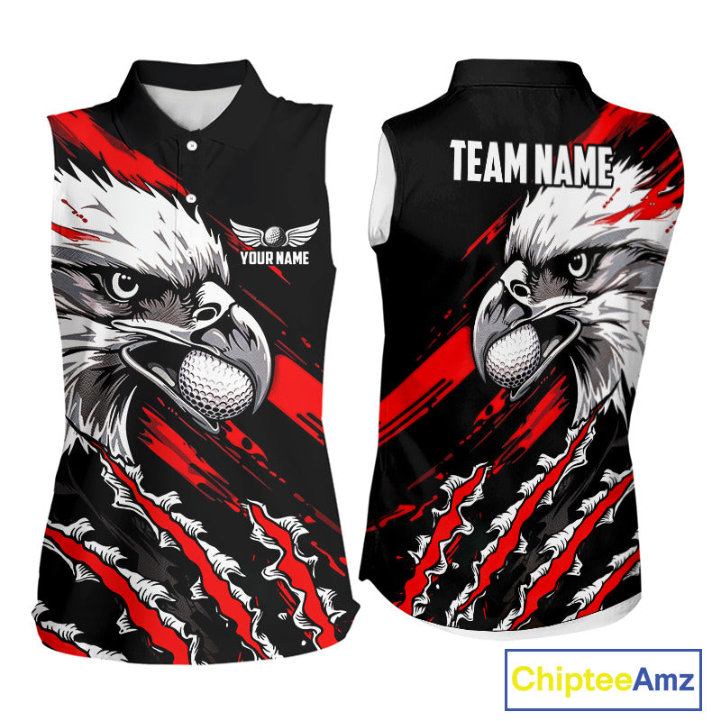 Womens Sleeveless Golf Polo Shirts Custom Red & Black Grunge Pattern Eagle Golf Shirts For Men, Golf Apparel NHN0062