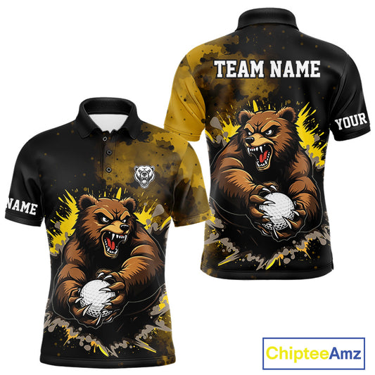 Mens Golf Polo Shirts Custom Yellow And Black Grunge Pattern With Bear Grasping Golf Ball Apparel NHN0063