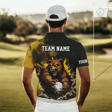 Load image into Gallery viewer, Mens Golf Polo Shirts Custom Yellow And Black Grunge Pattern With Bear Grasping Golf Ball Apparel NHN0063