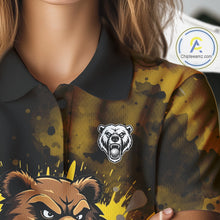 Load image into Gallery viewer, Womens Golf Polo Shirts Custom Yellow And Black Grunge Pattern With Bear Grasping Golf Ball NHN0063