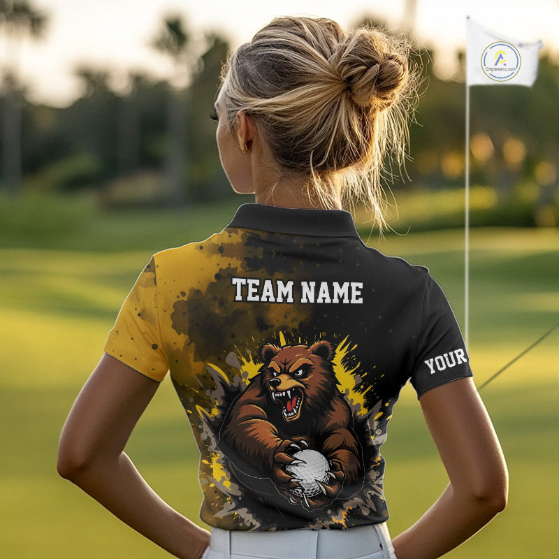 Womens Golf Polo Shirts Custom Yellow And Black Grunge Pattern With Bear Grasping Golf Ball NHN0063