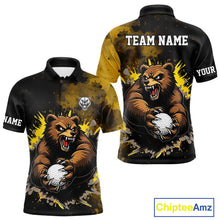 Load image into Gallery viewer, Mens Golf Polo Shirts Custom Yellow And Black Grunge Pattern With Bear Grasping Golf Ball Apparel NHN0063