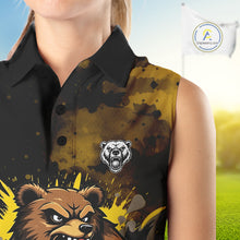 Load image into Gallery viewer, Womens Sleeveless Golf Polo Shirt  Custom Yellow And Black Grunge Pattern With Bear Grasping Golf Ball NHN0063