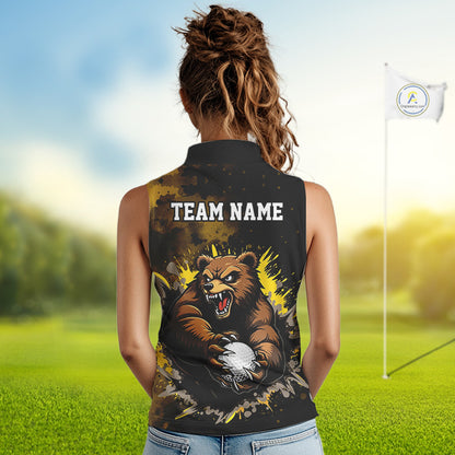 Womens Sleeveless Golf Polo Shirt  Custom Yellow And Black Grunge Pattern With Bear Grasping Golf Ball NHN0063