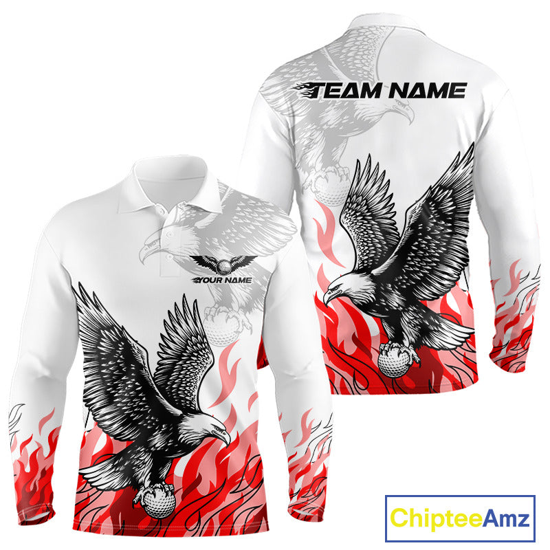 Long Sleeve Golf Polo Shirt Custom Eagle Red Flame Team Golf Tops, White Golf Outfit For Men NHN0070