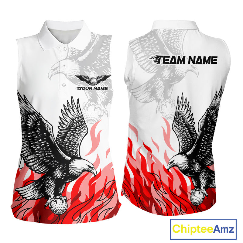 Womens Sleeveless Golf Polo Shirt Custom Eagle Red Flame Team Golf Tops, White Golf Outfit NHN0070