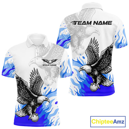 Mens Golf Polo Shirt Custom Eagle Blue Flame Golf Tops, Personalized White Golf Outfit For Men NHN0070