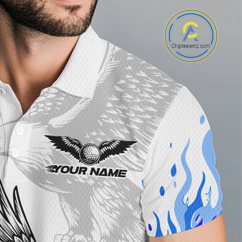 Mens Golf Polo Shirt Custom Eagle Blue Flame Golf Tops, Personalized White Golf Outfit For Men NHN0070