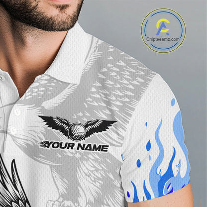 Mens Golf Polo Shirt Custom Eagle Blue Flame Golf Tops, Personalized White Golf Outfit For Men NHN0070