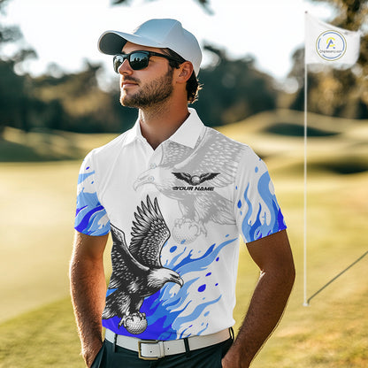 Mens Golf Polo Shirt Custom Eagle Blue Flame Golf Tops, Personalized White Golf Outfit For Men NHN0070