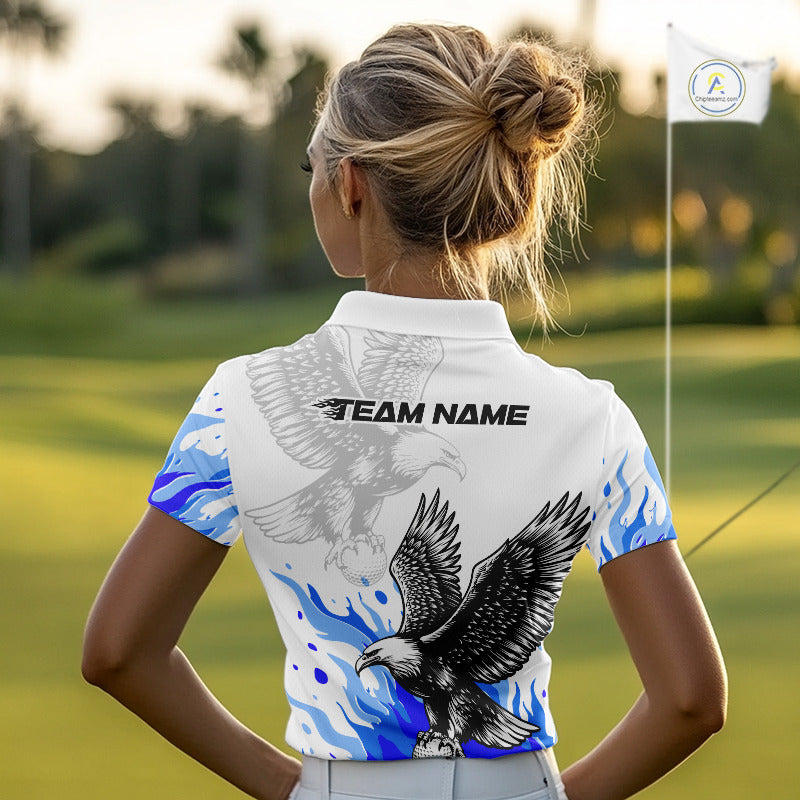 Womens Golf Polo Shirt Custom Eagle Blue Flame Golf Tops, Personalized White Golf Outfit For Women NHN0070