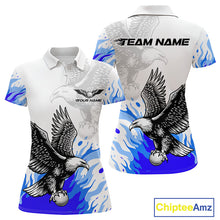 Load image into Gallery viewer, Womens Golf Polo Shirt Custom Eagle Blue Flame Golf Tops, Personalized White Golf Outfit For Women NHN0070