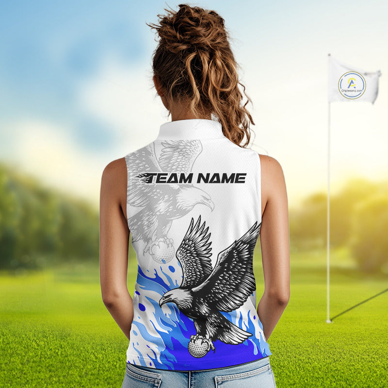 Womens Sleeveless Golf Polo Shirtt Custom Eagle Blue Flame Golf Tops, White Golf Outfit NHN0070
