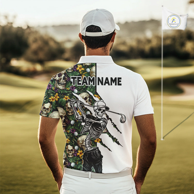 Funny Mens Golf Polo Shirt Custom Tropical Golf Ball Pattern Personalized Skull Golf Shirts For Men NHN0047