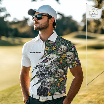 Funny Mens Golf Polo Shirt Custom Tropical Golf Ball Pattern Personalized Skull Golf Shirts For Men NHN0047