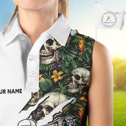 Funny Womens Sleeveless Golf Polo Shirt Custom Tropical Pattern Personalized Skull Golf Shirts NHN0047