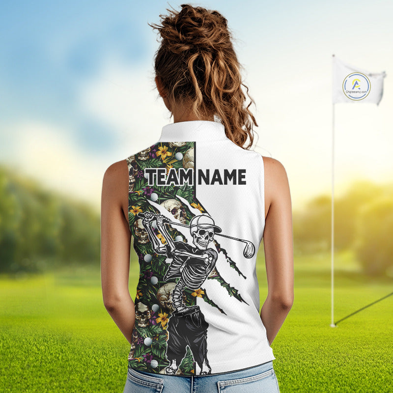Funny Womens Sleeveless Golf Polo Shirt Custom Tropical Pattern Personalized Skull Golf Shirts NHN0047