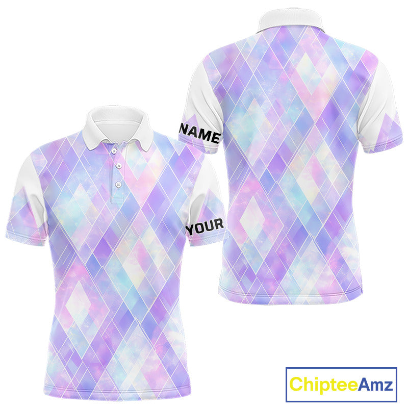 Violet And Blue Square Pattern Mens Golf Polo Shirt Custom Name Golf Tops For Men NHN0203