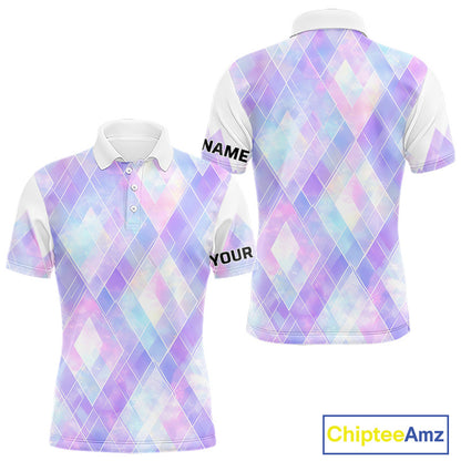 Violet And Blue Square Pattern Mens Golf Polo Shirt Custom Name Golf Tops For Men NHN0203