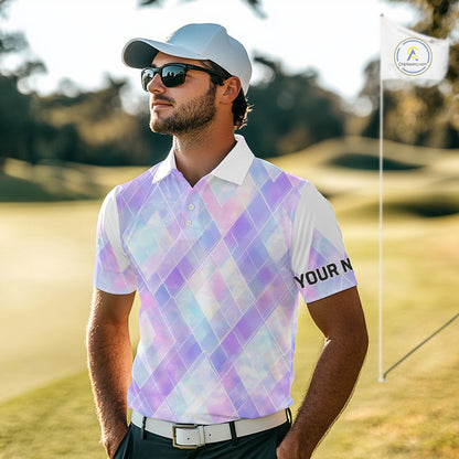 Violet And Blue Square Pattern Mens Golf Polo Shirt Custom Name Golf Tops For Men NHN0203